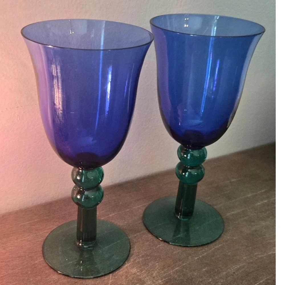 Vintage Cobalt Blue Emerald Green Art Glass Wine Goblets Pair 7.5